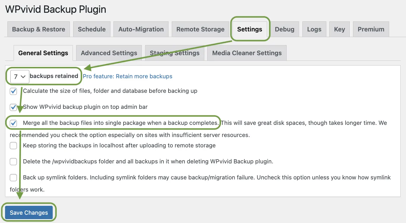 WPvivid Settings - General - Maximum backups retained