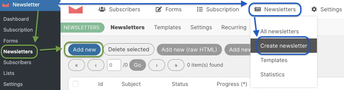 Newsletter Add new button or create newsletter