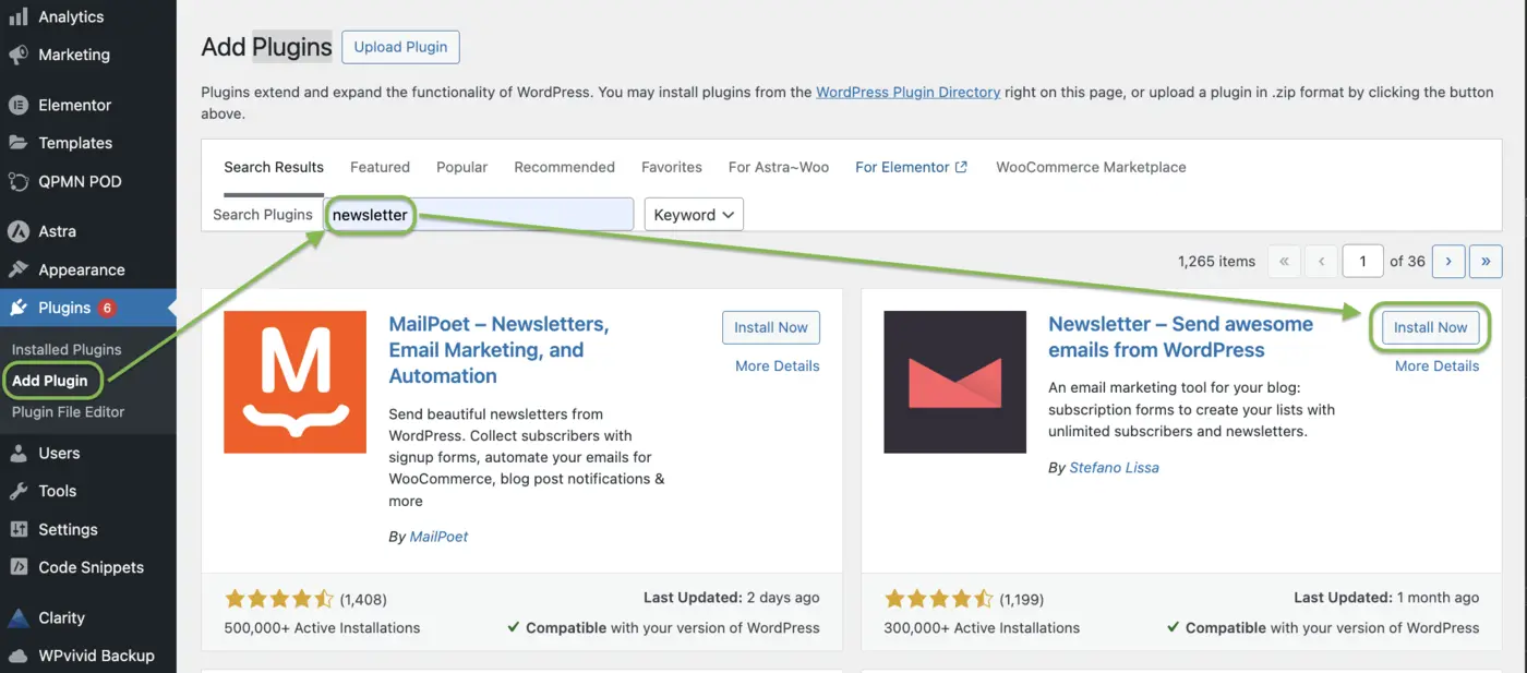 How to add newsletter to wordpress step 1 search for Newsletter plugin