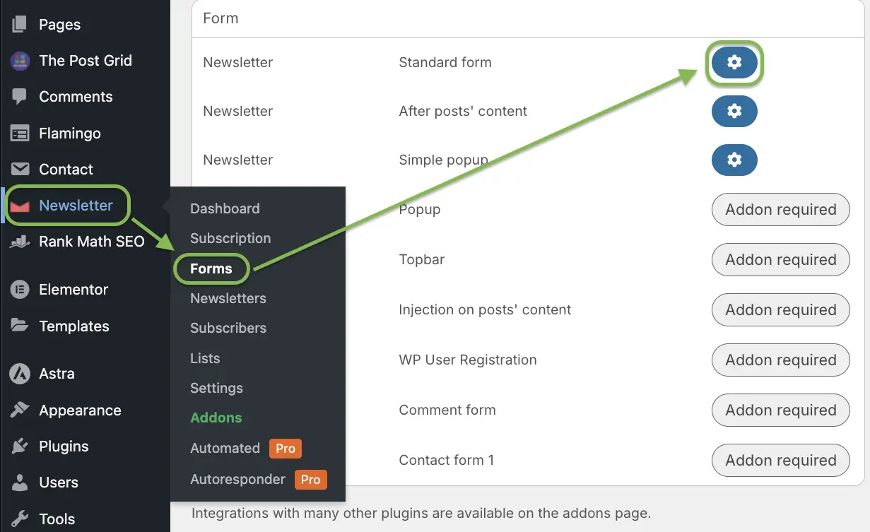 Newsletter subscription form Settings menu in WordPress