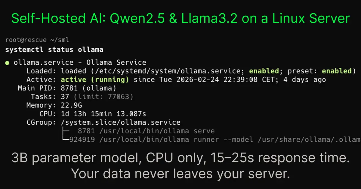 Local AI model running on Linux server via Ollama with no GPU, CPU-only 15–25 second response time