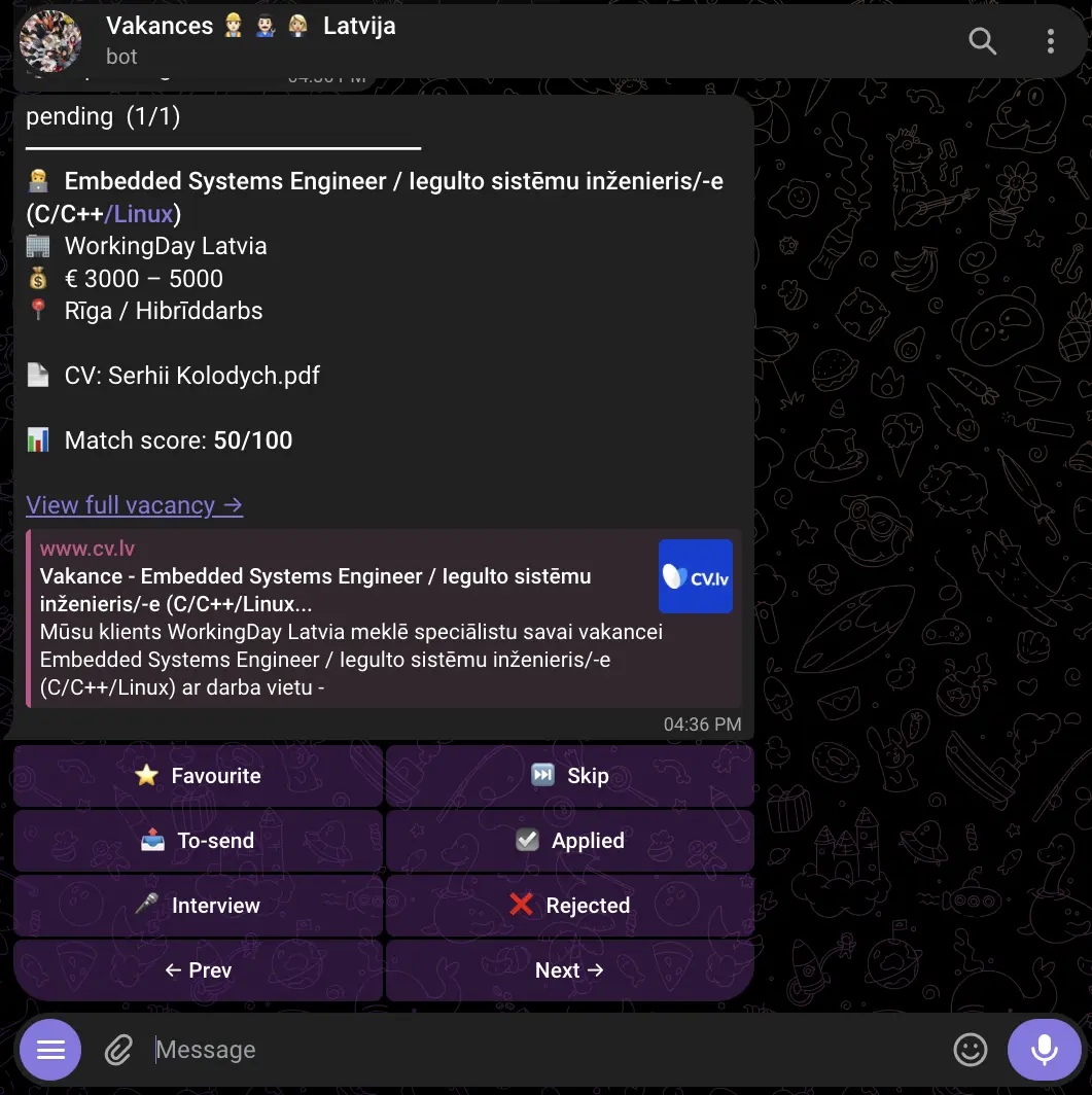 Telegram job bot review card - vacancy with match score and 8 action buttons