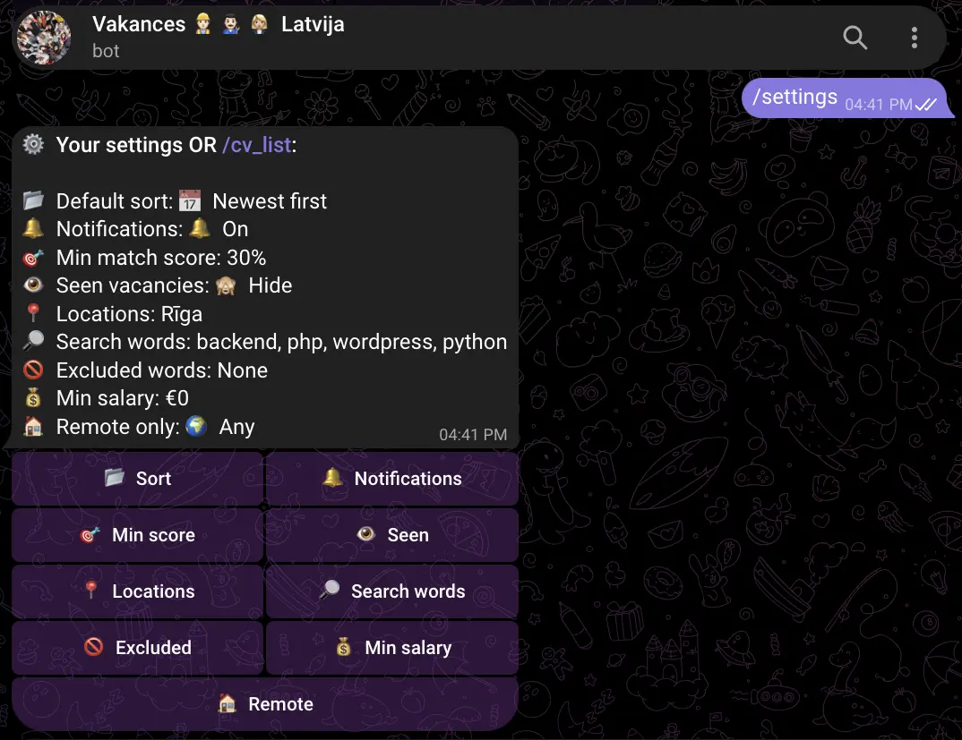Telegram job bot settings - location, salary, remote, match score filters