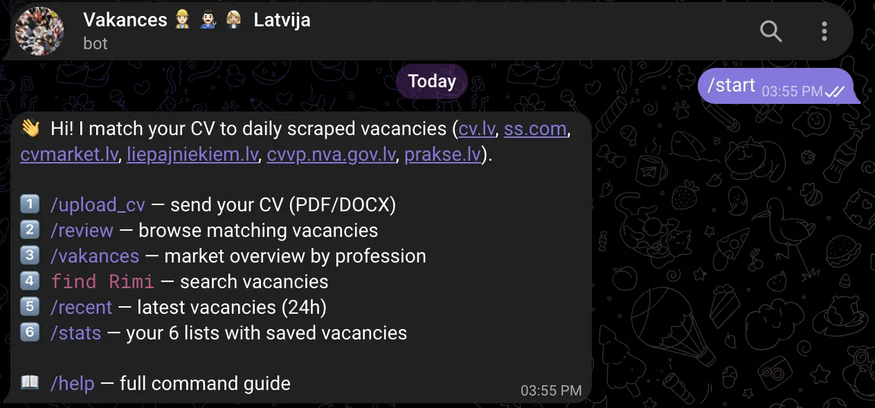 Telegram job scraper bot start commands for automated job search in Latvia