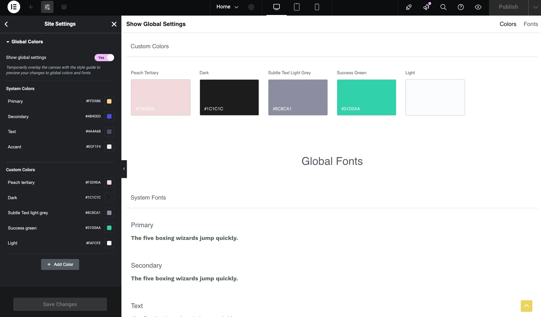 Elementor Global Colors Configuration for Vent-Build Website