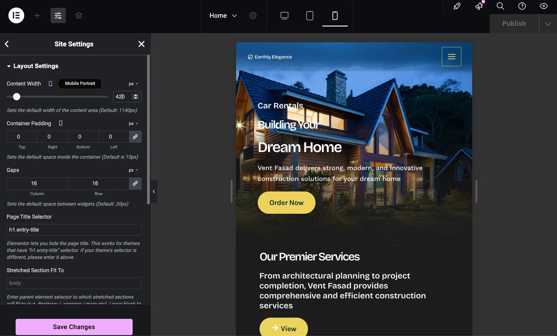 Elementor Mobile Content Width Settings