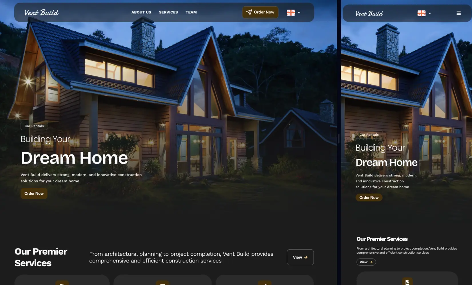 Vent Build company site: desktop vs mobile view
