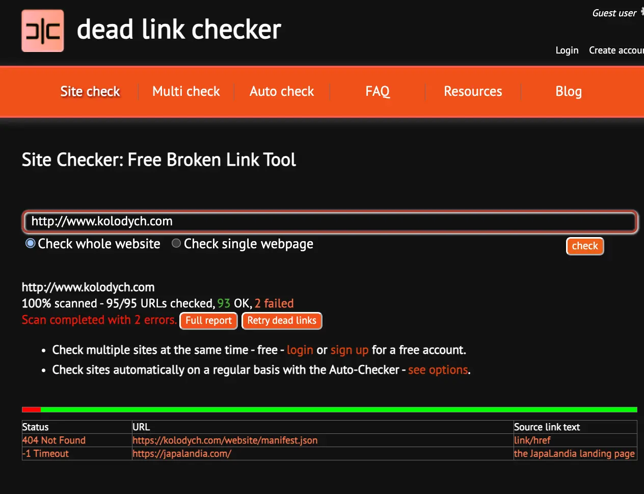 Dead Link Checker results