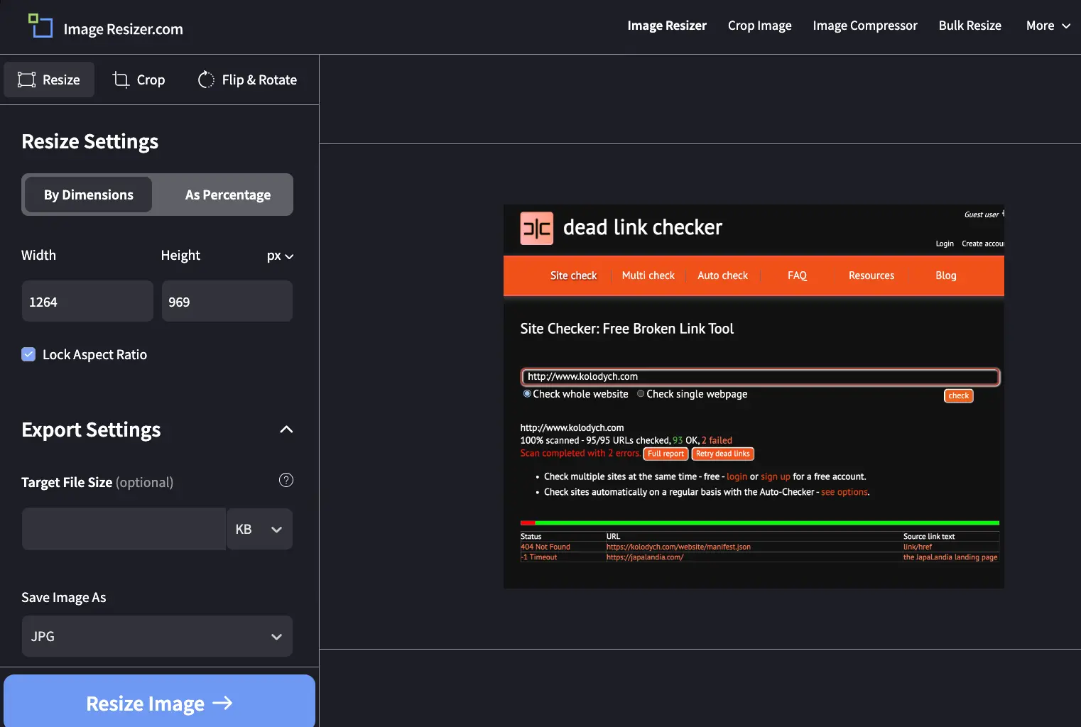 Image Resizer custom size for Dead Link Checker