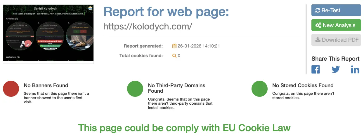 Example showing website cookies in CookieMetrix on Kolodych.com website