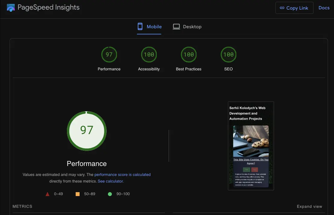 First screen of Google PageSpeed Insights