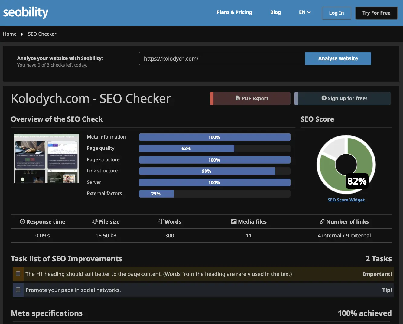 Seobility SEO Check Overview